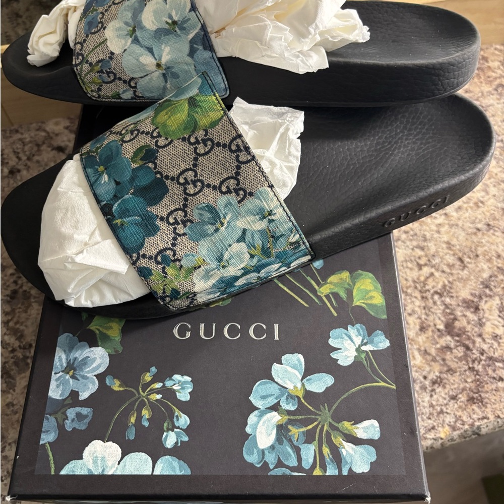 Gucci Black Slides with Blue Floral Pattern